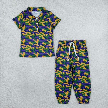 Baby Boys Kids Short Sleeves Buttons Shirt Pockets Camo Pants Mardi Gras Set Clothes