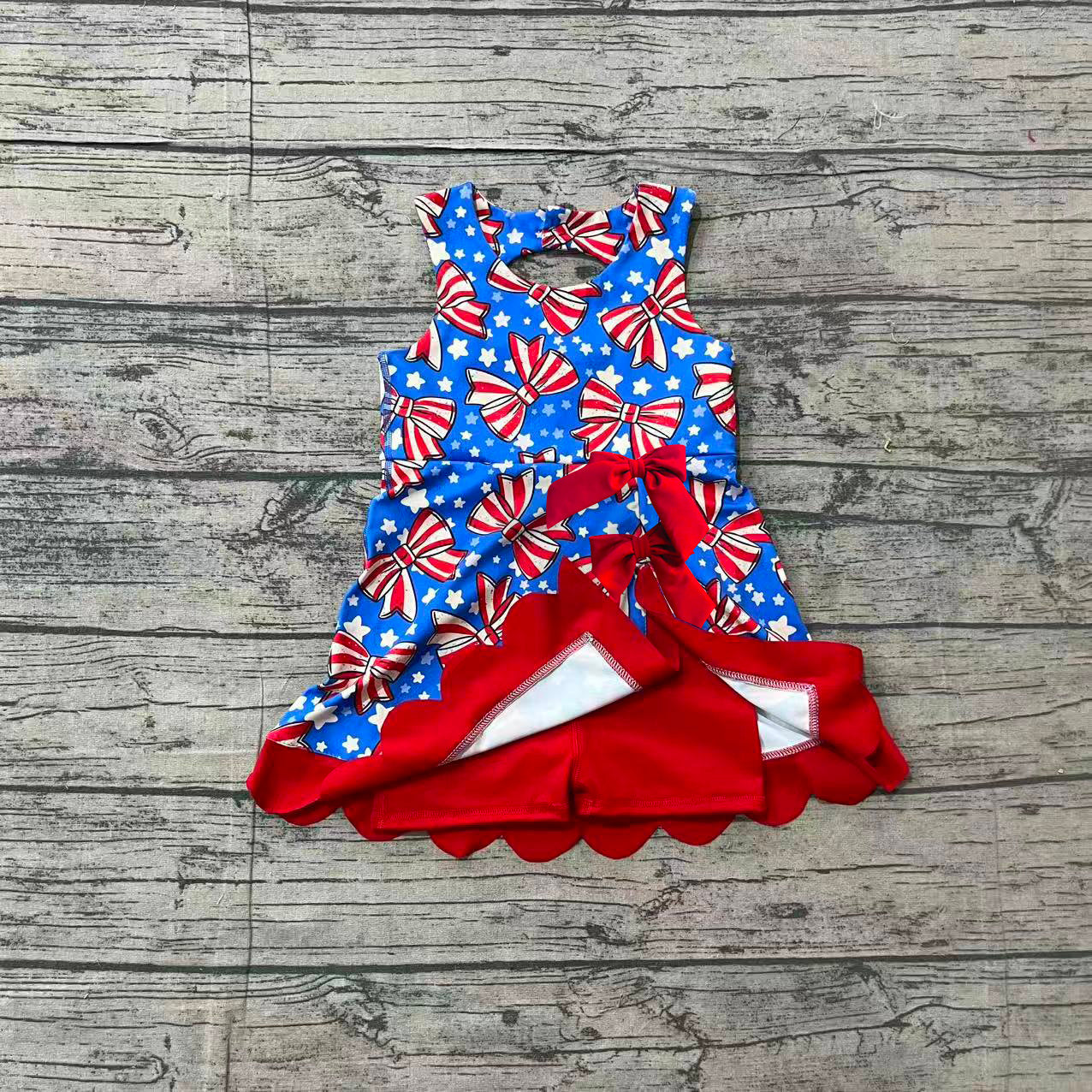 Preorder Baby Girls Bows Stars 4th of July Yoga Active Shorts Knee Length Scallop Dress