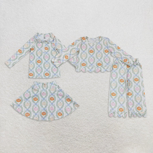Sibling Baby Girls Kids Long Sleeves Pumpkins Bows Tops Skort Pants Sets Fall Clothes