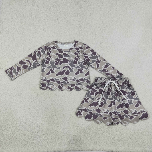 Baby Girls Kids Long Sleeves Shirt Scallop Pockets Skirt Shorts Camo Set Clothes