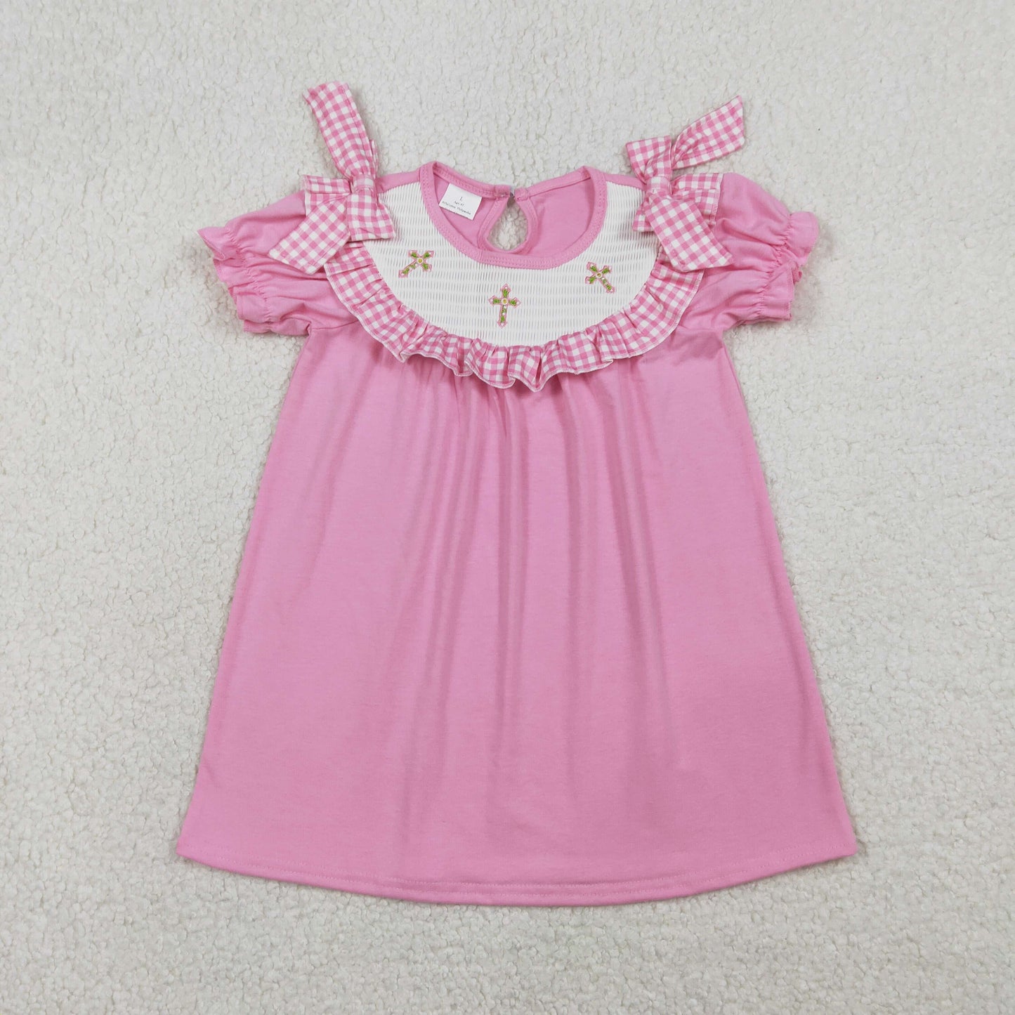 RTS Baby Girls Short Sleeves Embroidery Smocked Floral Crosses Easter Pink Knee Length Dress