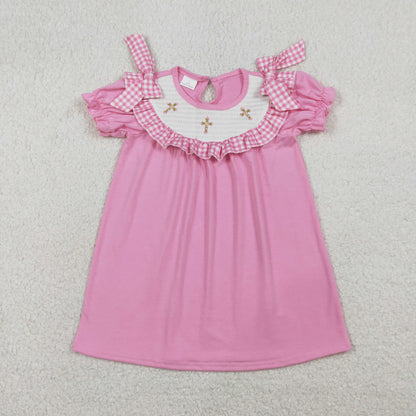 RTS Baby Girls Short Sleeves Embroidery Smocked Floral Crosses Easter Pink Knee Length Dress
