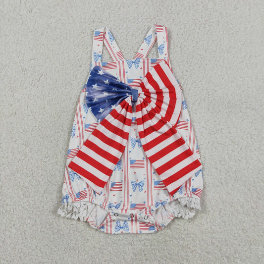 Baby Girls Kids Sleeveless Flags Bows Stars 4th of July Romper