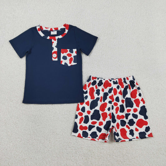 RTS Baby Boys Short Sleeves Navy Buttons Shirt Camo Shorts 4th of July Clothes Set