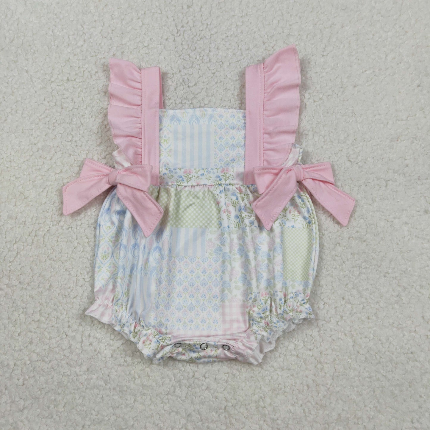 RTS Baby Girls Infant Short Sleeves Floral Pink Bows Summer Bubble Romper