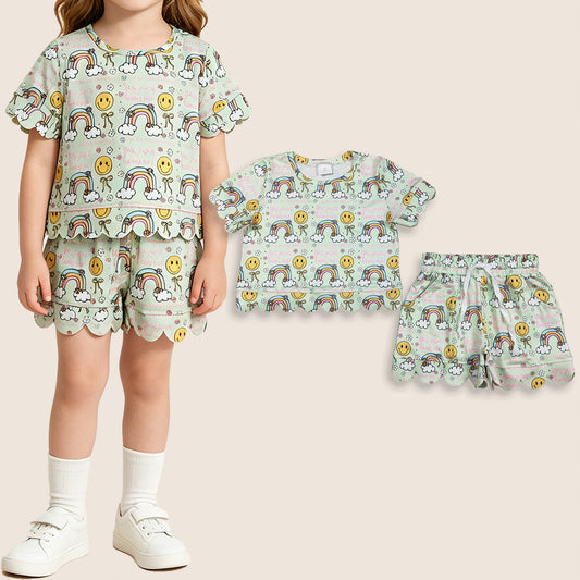 Baby Girls Toddler Short Sleeves Smile Bows Shirt Rainbow Shorts Green Set