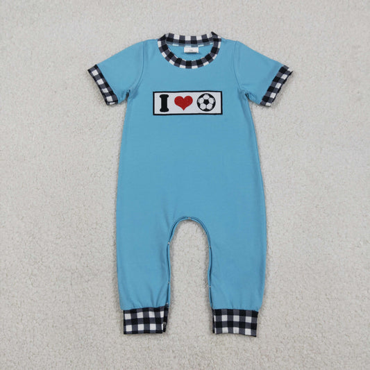 Baby Boys Short Sleeves Embroidery I Love Soccer Blue Romper
