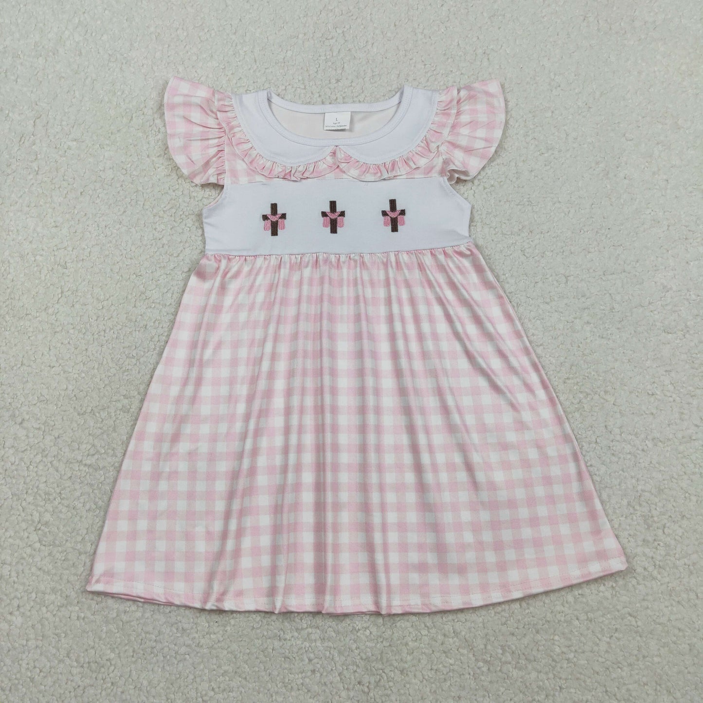 RTS Baby Girls Kids Short Sleeves Embroidery Crosses Plaid Easter Bubble Romper