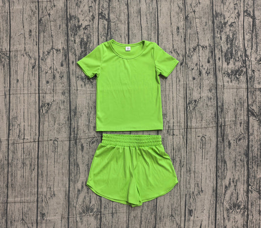 Preorder Baby Girls Kids Short Sleeves Green Shirt Skirt Shorts Yoga Active Set Clothes