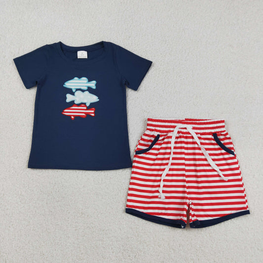 RTS Baby Boys Navy Short Sleeves Embroidery Fish Shirt Stripes Shorts 4th of July Clothes Set