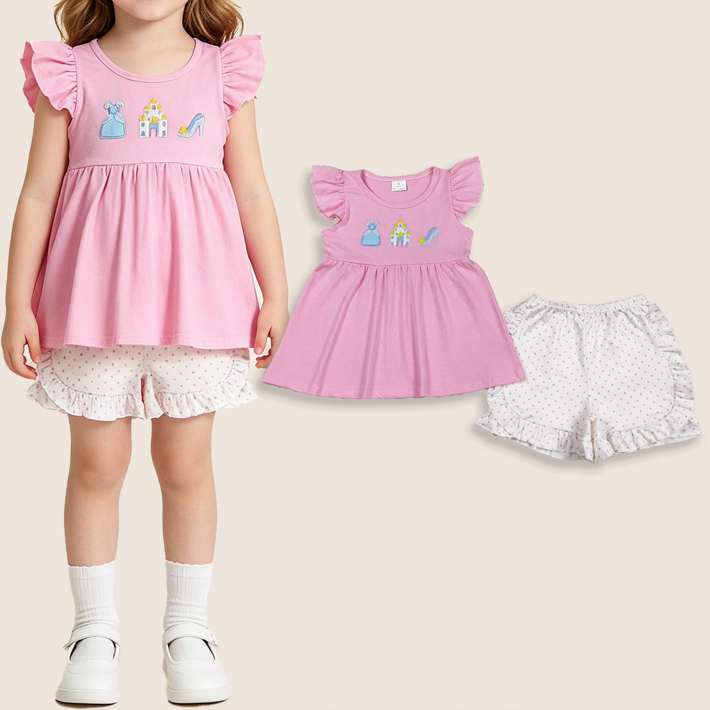 Baby Girls Kids Short Sleeves Embroidery Tunic Dots Ruffle Shorts Princess Set