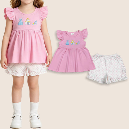 Baby Girls Kids Short Sleeves Embroidery Tunic Dots Ruffle Shorts Princess Set