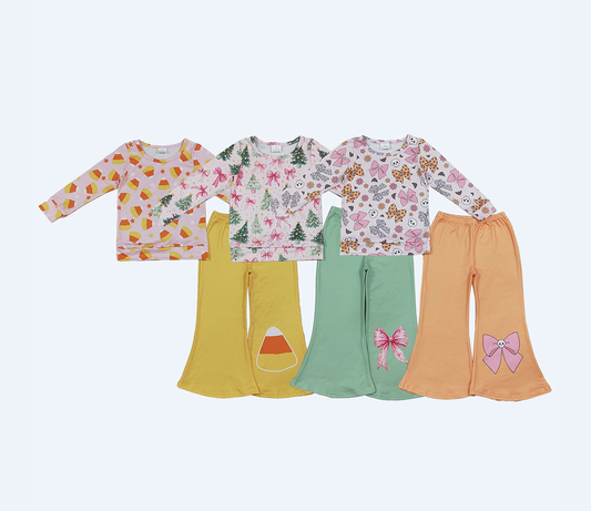 Sibling Baby Girls Kids Long Sleeves Shirts Bell Pants Halloween Sets Christmas Bows Clothes