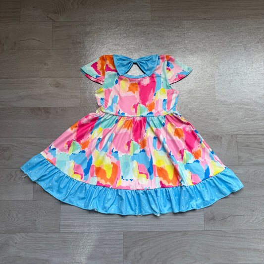 No moq Preorder Baby Girl Short Sleeves Tie Dye Pockets Ruffle Knee Length Dress