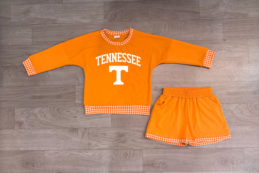 No moq Preorder Baby Girls Kids Long Sleeves Orange Shirt Shorts Cotton Set Team Clothes