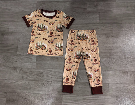 No moq  Preorder Baby Boy Deer turkey Shirt Pants Pajamas Hunting Set