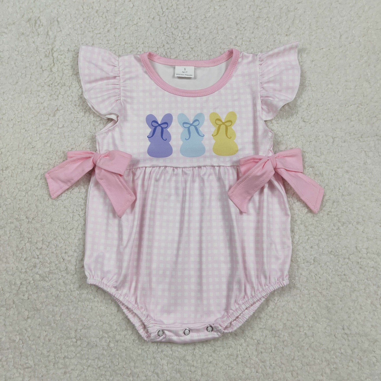 RTS Baby Girls Infant Short Sleeves Rabbits Bows Easter Pink Plaid Bubble Rompe