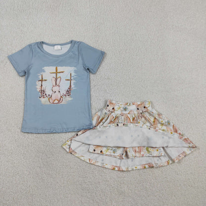 RTS Baby Girls Short Sleeves Cross Short Rabbits Flowers Skirt Shorts Easter Set