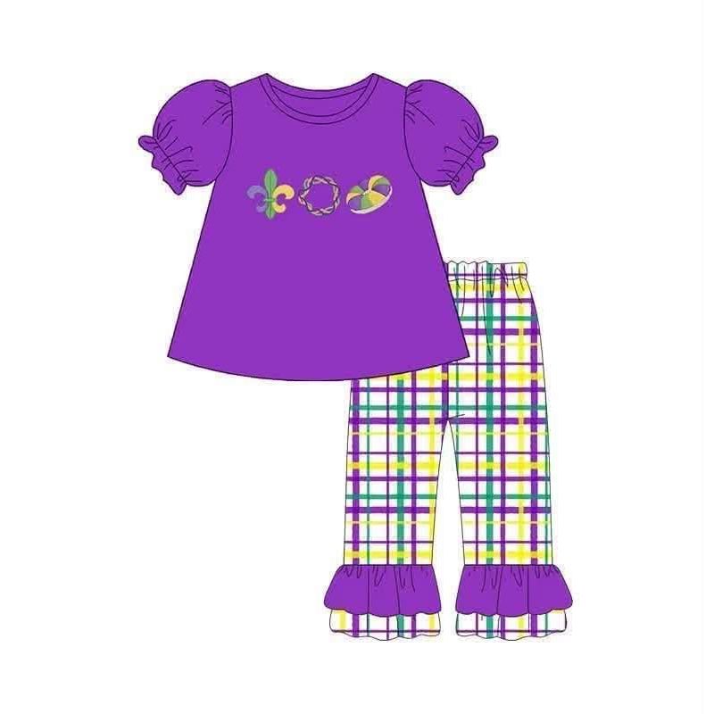 Moq 5 Preorder Baby Girls Kids Short Sleeves Purple Tops Plaid Pants Mardi Gras Set Clothes