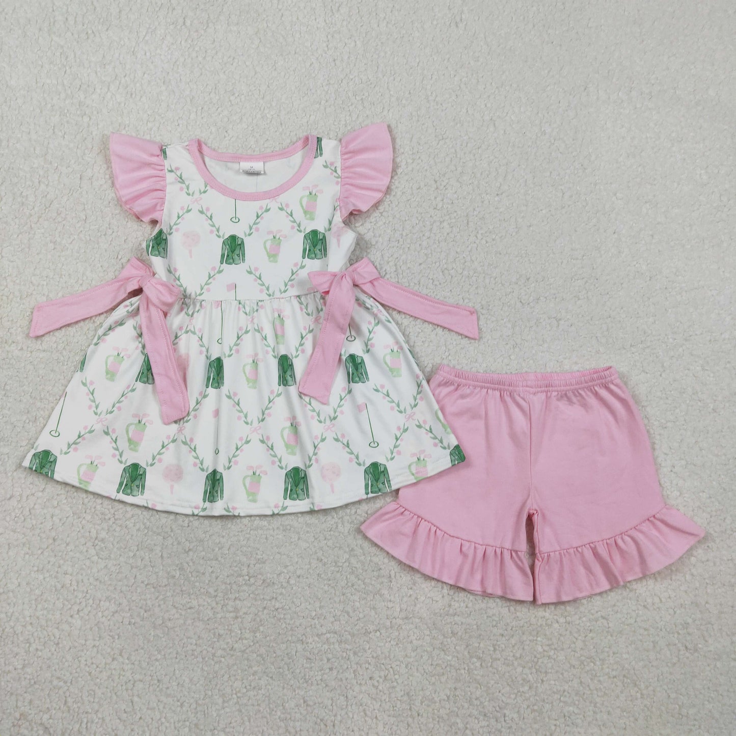 RTS Baby Girls Kids Short Sleeves Golf Floral Bows Tunic Pink Shorts Clothes Set