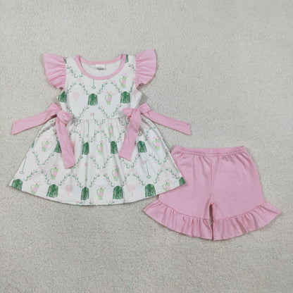 RTS Baby Girls Kids Short Sleeves Golf Floral Bows Tunic Pink Shorts Clothes Set