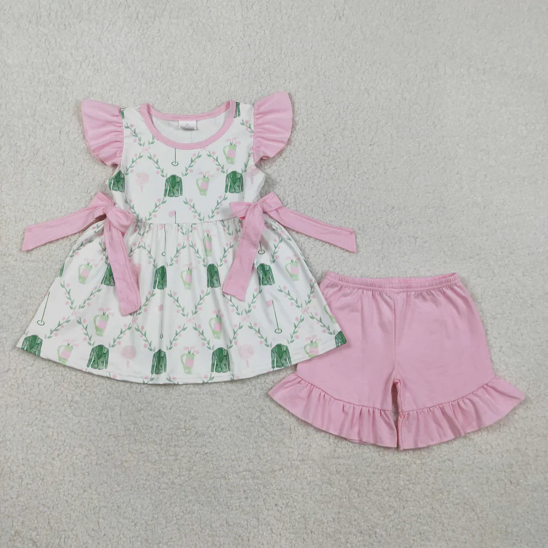 RTS Sibling Baby Girls Infant Short Sleeves Golf Floral Pink Bows Bubble Romper Set