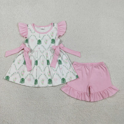 RTS Sibling Baby Girls Infant Short Sleeves Golf Floral Pink Bows Bubble Romper Set
