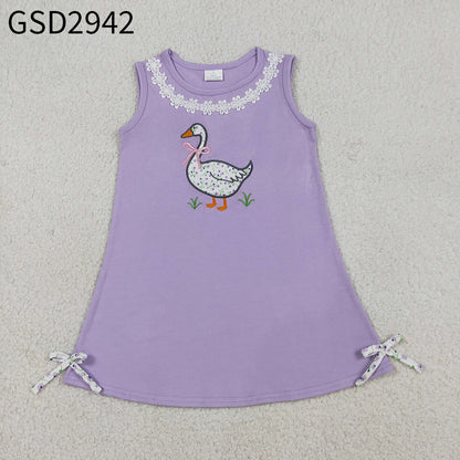 RTS Baby Girls Sleeveless Embroidery Floral Duck Bows Purple Knee Length Dress