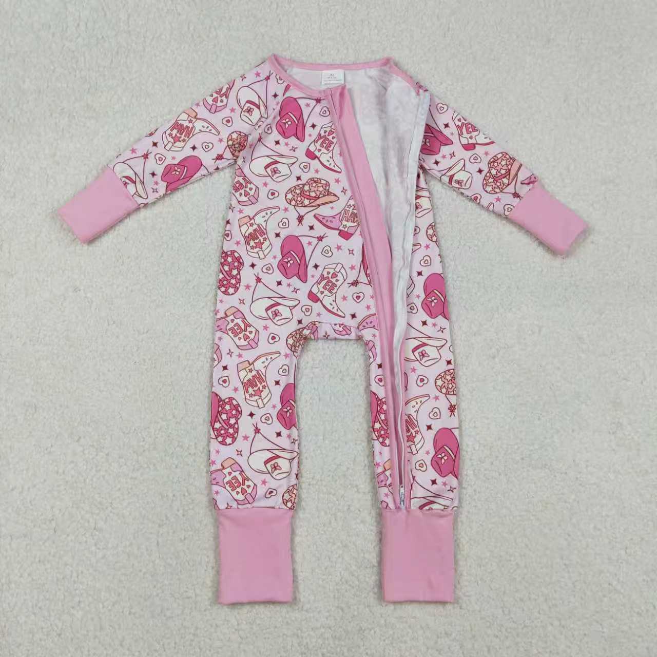 Sibling Baby Girls Long Sleeves Hats Boots Hearts Valentine Pink Zipper Footie Romper Pajamas Set