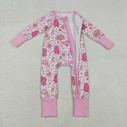 Sibling Baby Girls Long Sleeves Hats Boots Hearts Valentine Pink Zipper Footie Romper Pajamas Set