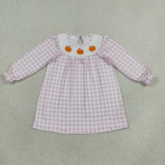 Baby Girls Kids Embroidery Pumpkins Bows Plaid Knee Length Dress Fall Clothes