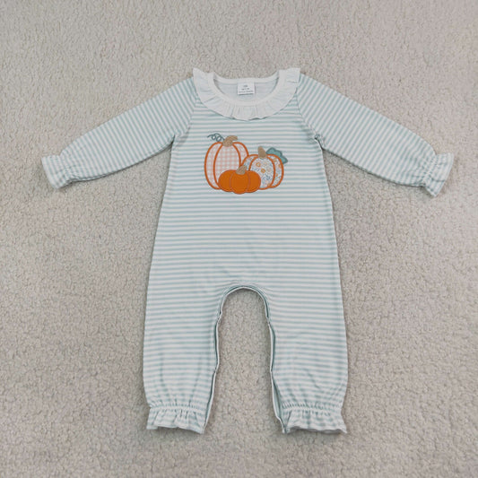 Baby Girl Kids Long Sleeves Embroidery Pumpkins Green Stripes Fall Romper Clothes