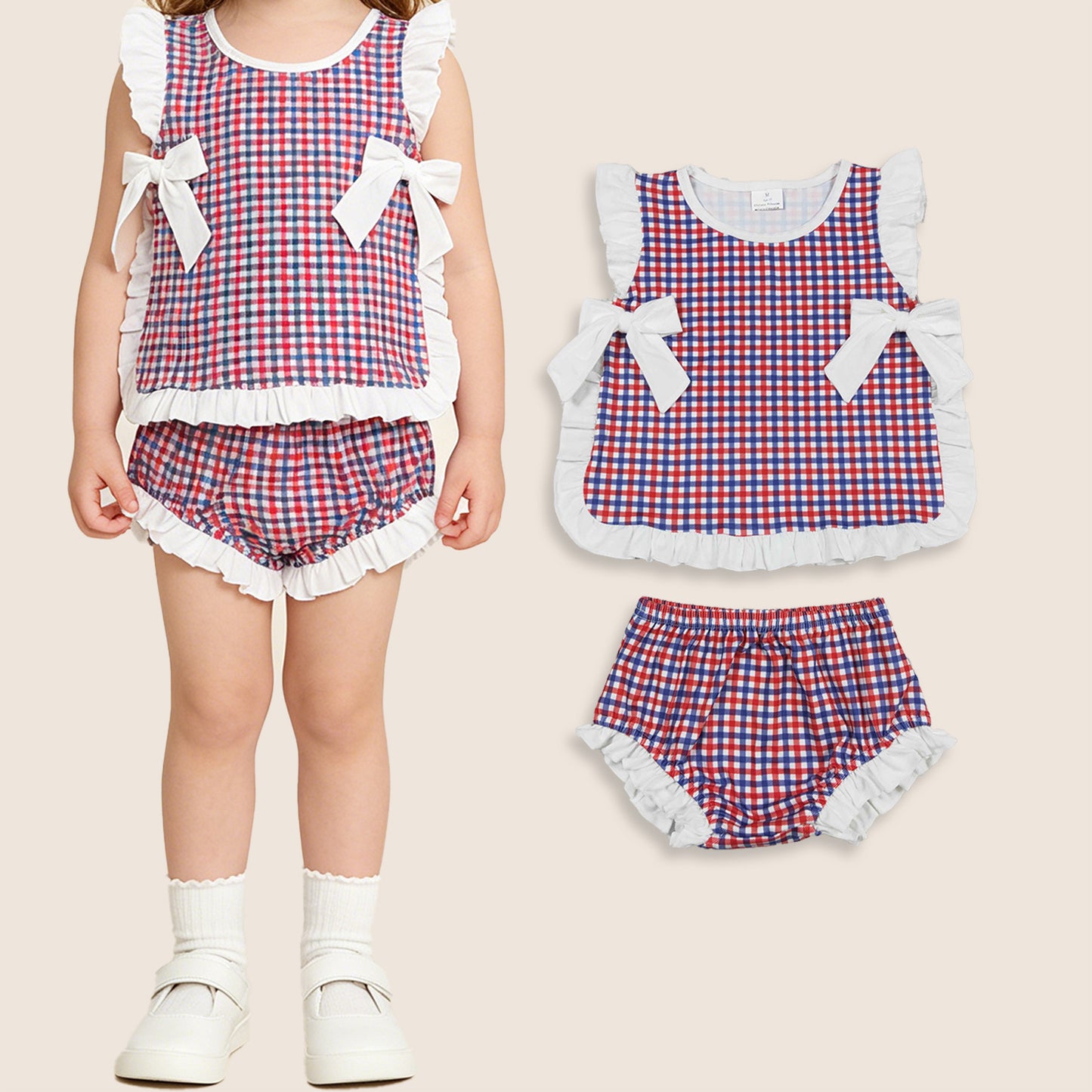 Baby Girl Kids Plaid Bows Tops Bummie Shorts Set 4th of July Clothes