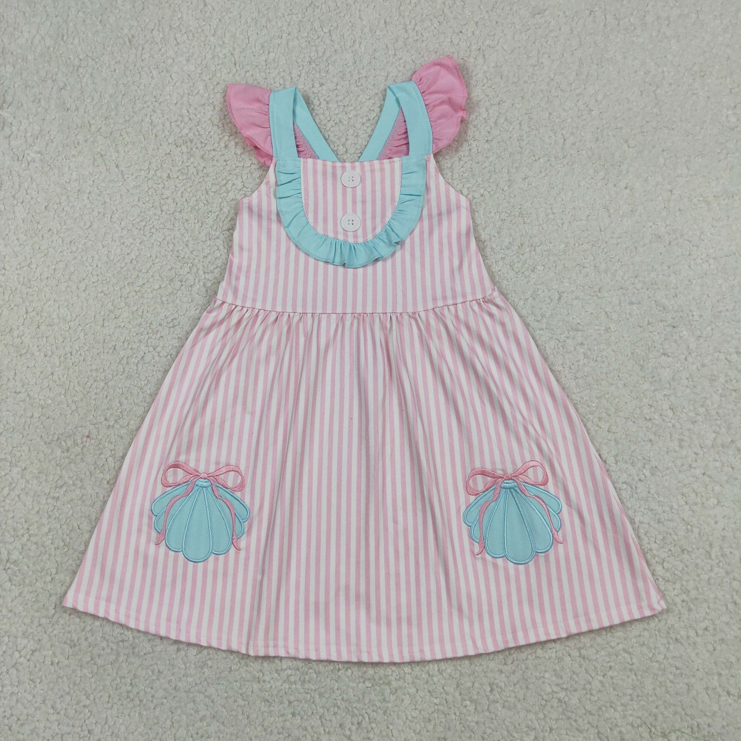Baby Girls Kids Short Sleeves Embroidery Shell Bows Stripes Ruffle Dress