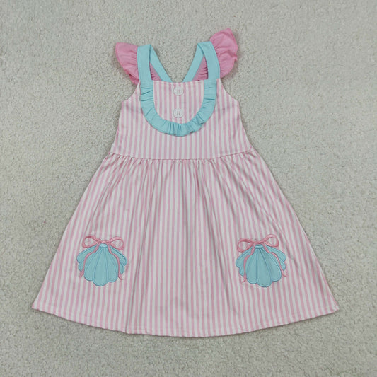 Baby Girls Kids Short Sleeves Embroidery Shell Bows Stripes Ruffle Dress