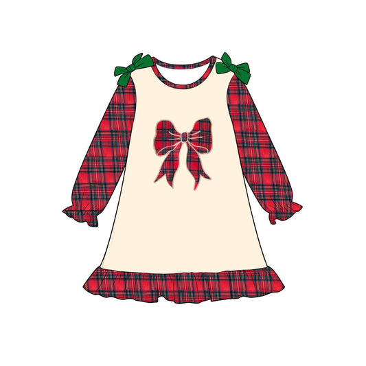 Moq 5 Preorder Baby Girls Kids Christmas Plaid Bows Knee Length Ruffle Dress Clothes