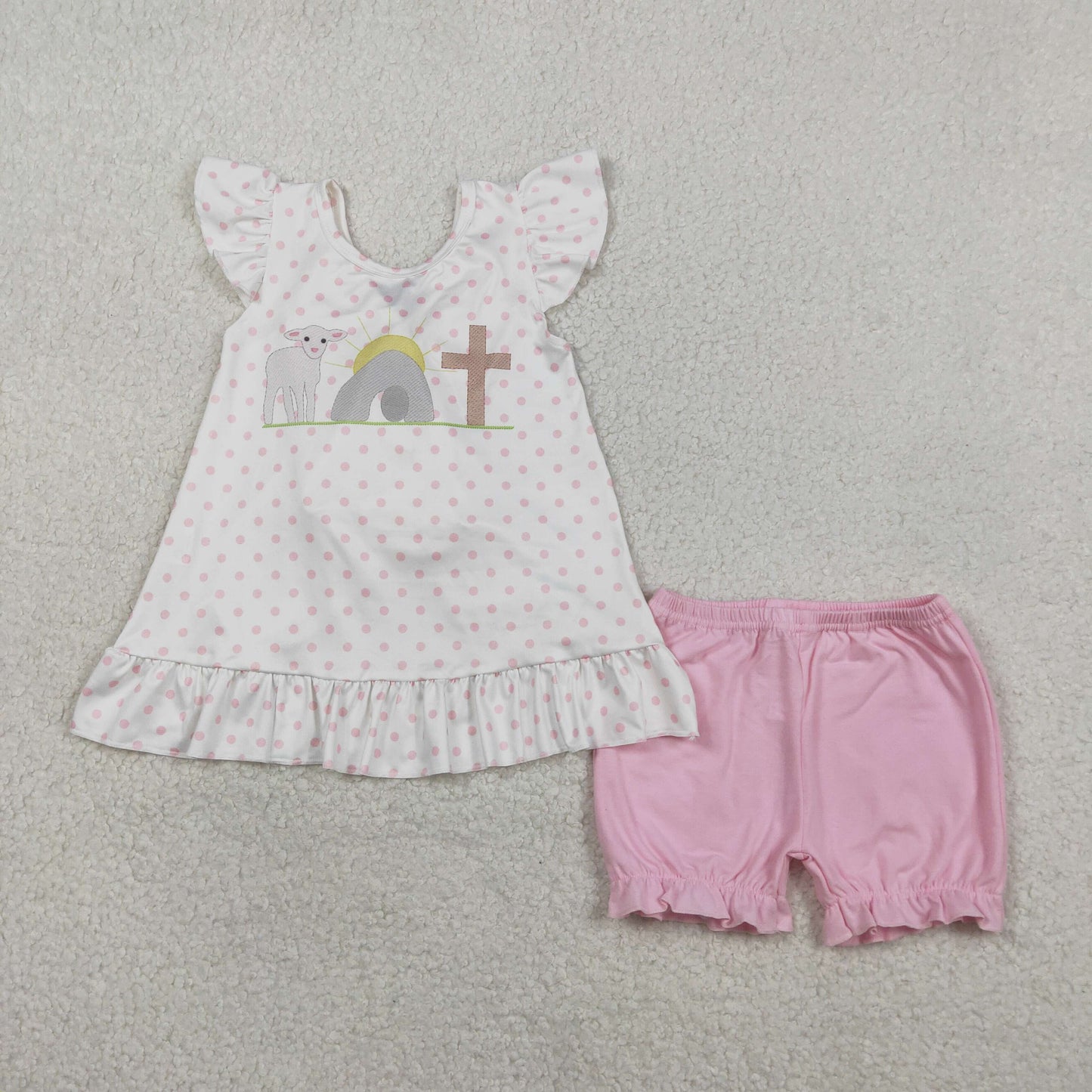 RTS Baby Girls Kids Short Sleeves Cross Dots Bows Tunic Pink Shorts Easter Clothes Set