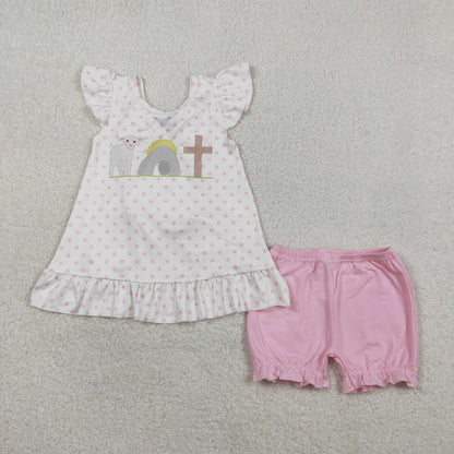 RTS Baby Girls Kids Short Sleeves Cross Dots Bows Tunic Pink Shorts Easter Clothes Set