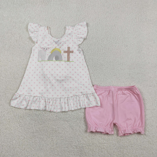 RTS Baby Girls Kids Short Sleeves Cross Dots Bows Tunic Pink Shorts Easter Clothes Set