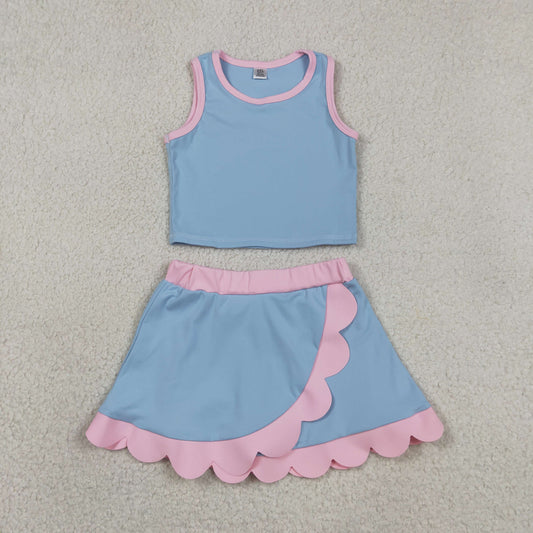 Baby Girls Kids Blue Tops Scallop Skirt Shorts Yoga Active Set Summer Clothes