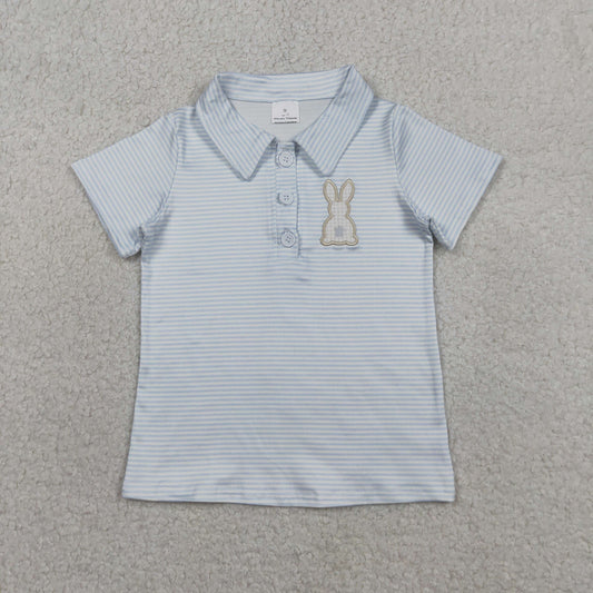 RTS Baby Boys Kids Short Sleeves Embroidery Rabbit Blue Stripes Easter Buttons Polo Shirt Tops