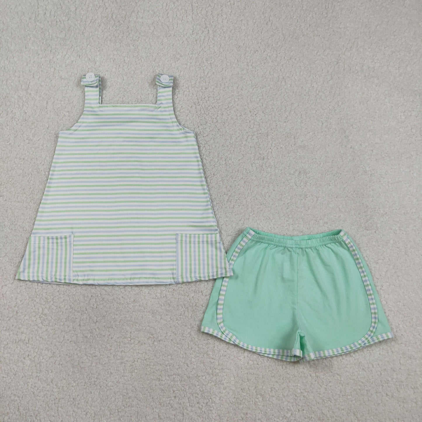 RTS Baby Girls Kids Sleeveless Stripes Pockets Tops Green Shorts Clothes Set