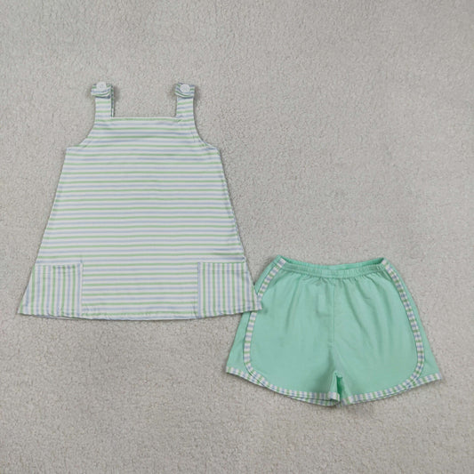 RTS Baby Girls Kids Sleeveless Stripes Pockets Tops Green Shorts Clothes Set