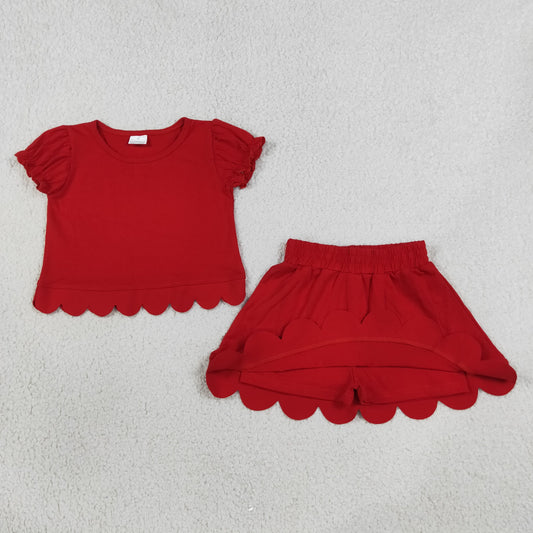 Baby Girls Kids Short Sleeves Shirt Scallop Skirt Shorts Set Red Clothes