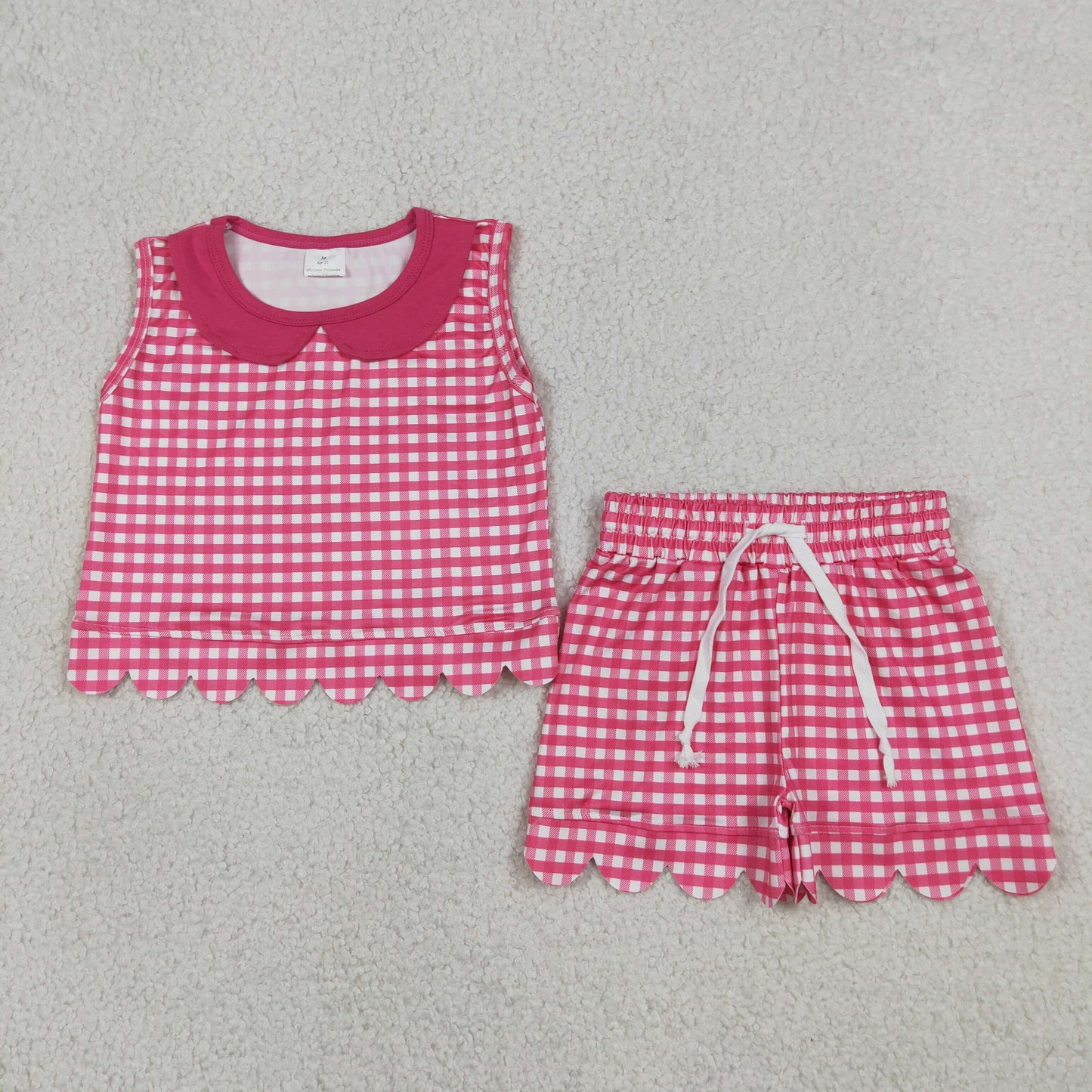 Baby Girls Kids Pink Plaid Shirt Scallop Shorts Summer Set Clothes