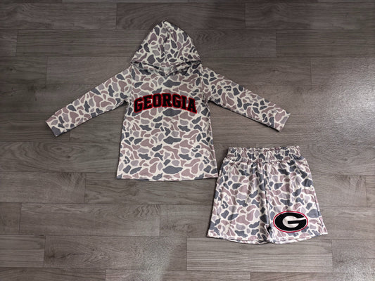 No moq Preorder Baby Boy Kids Long Sleeves Grey Camo Hoodie Shirt G Shorts Team Set