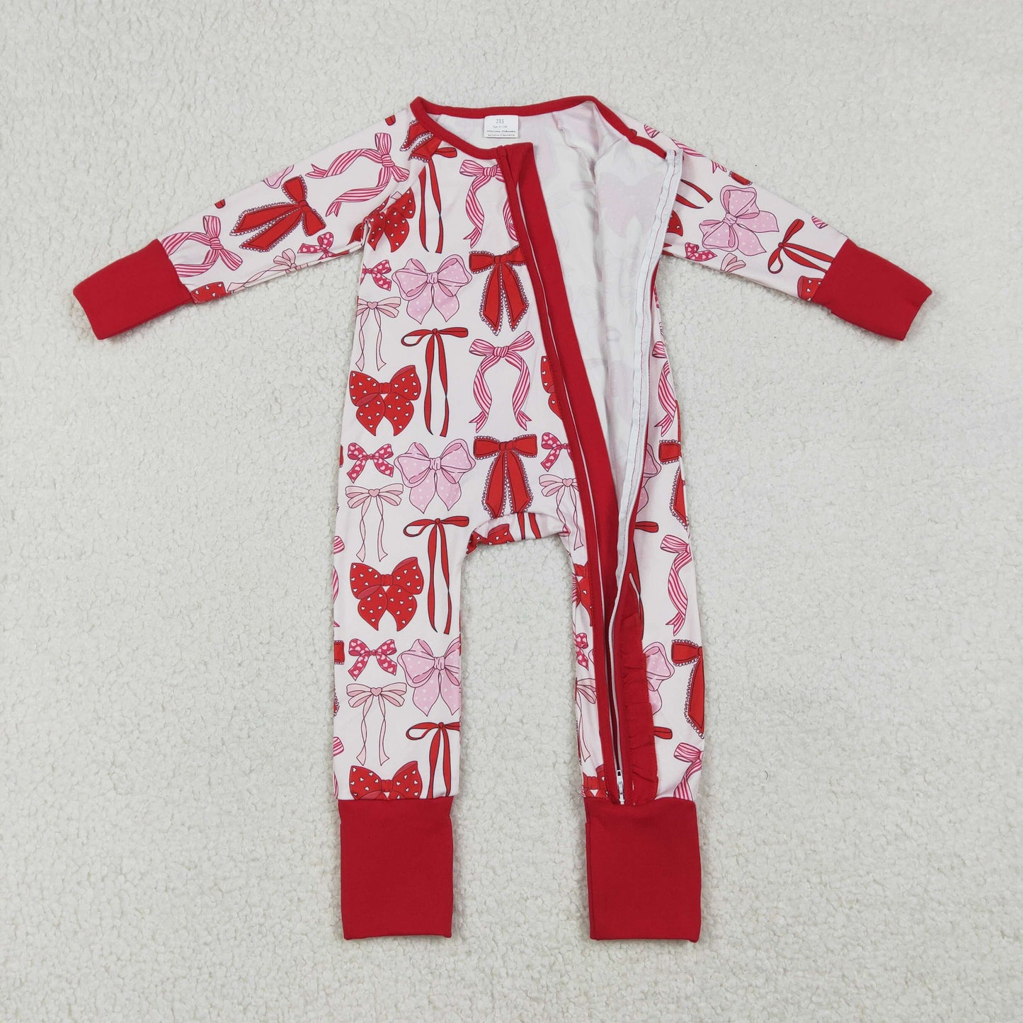 Baby Girls Infant Long Sleeves Hearts Bows Ruffle Zipper Valentine  Romper