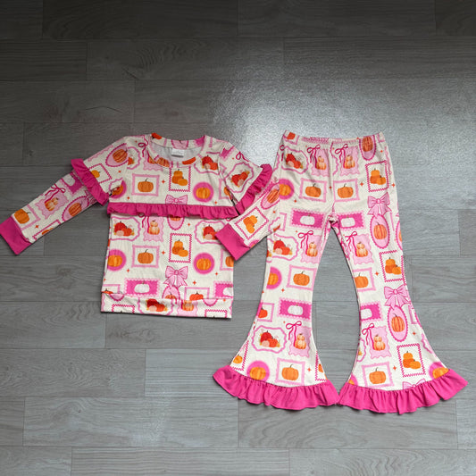 No moq Preorder Baby Girls Kids Pumpkins Bows Tops Pink Ruffle Pants Set Fall Clothes