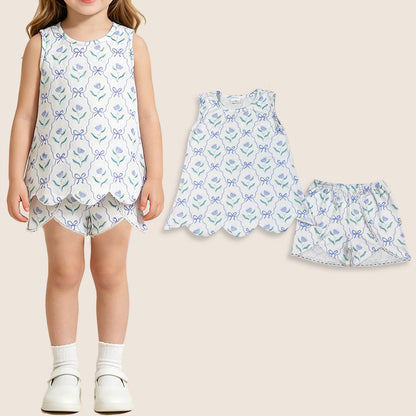 Baby Girls Kids Sleeveless Bows Flower Scallop Tops Shorts Summer Set