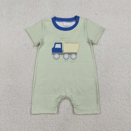 RTS Baby Boys Infant Short Sleeves Embroidery Truck Stripes Summer Romper